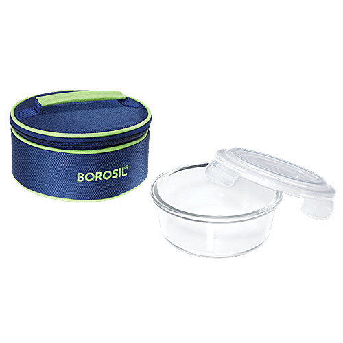 Borosil Borosilicate Glass Lunch Box / Tiffin Box Round - Blue, 620 ml  Microwaveable