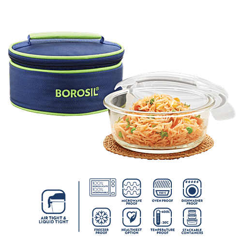 Borosil Borosilicate Glass Lunch Box / Tiffin Box Round - Blue, 620 ml  Microwaveable