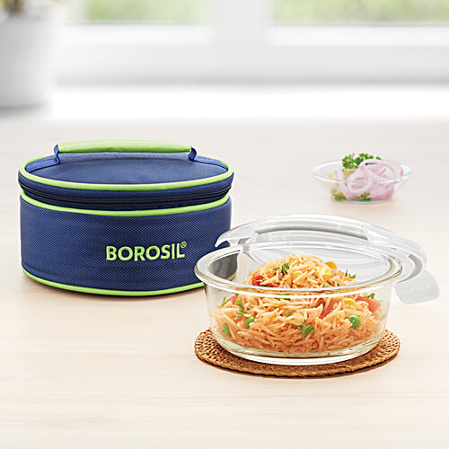 Borosil Borosilicate Glass Lunch Box / Tiffin Box Round - Blue, 620 ml  Microwaveable