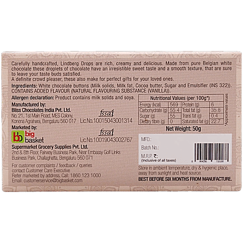 Lindberg Drops White Chocolate - Made with Belgian Chocolate, 50 g  