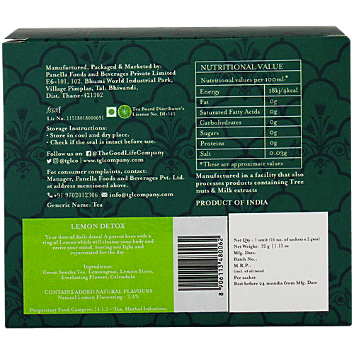 TGL Co. Lemon Detox Green Tea, 32 g (16 Bags x 2 g Each) Zero Fat