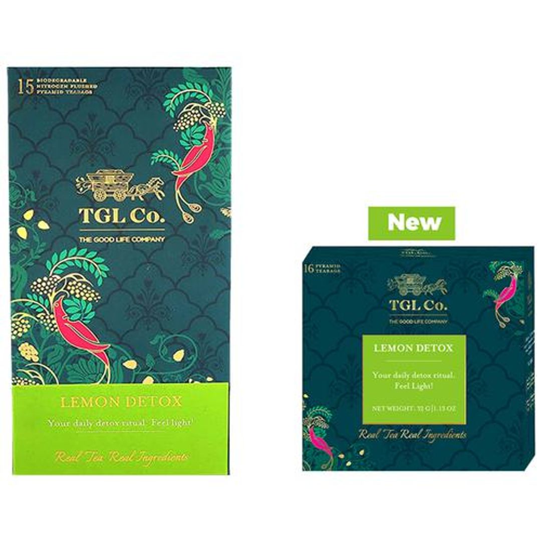 TGL Co. Lemon Detox Green Tea Bag Make Brew Iced Tea or Hot Tea, 32 g (16 Bags x 2 g each)