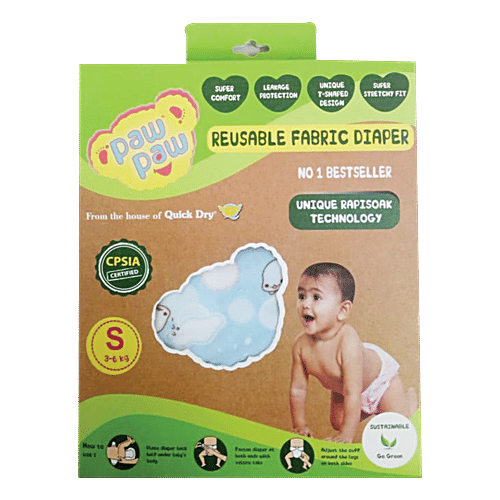 Paw Paw Reusable Fabric Diaper - S, 3-6 kg, Blue, Leakage Protection, Unique Rapisoak Technology, 1 pc  