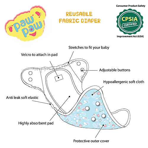 Paw Paw Reusable Fabric Diaper - S, 3-6 kg, Blue, Leakage Protection, Unique Rapisoak Technology, 1 pc  