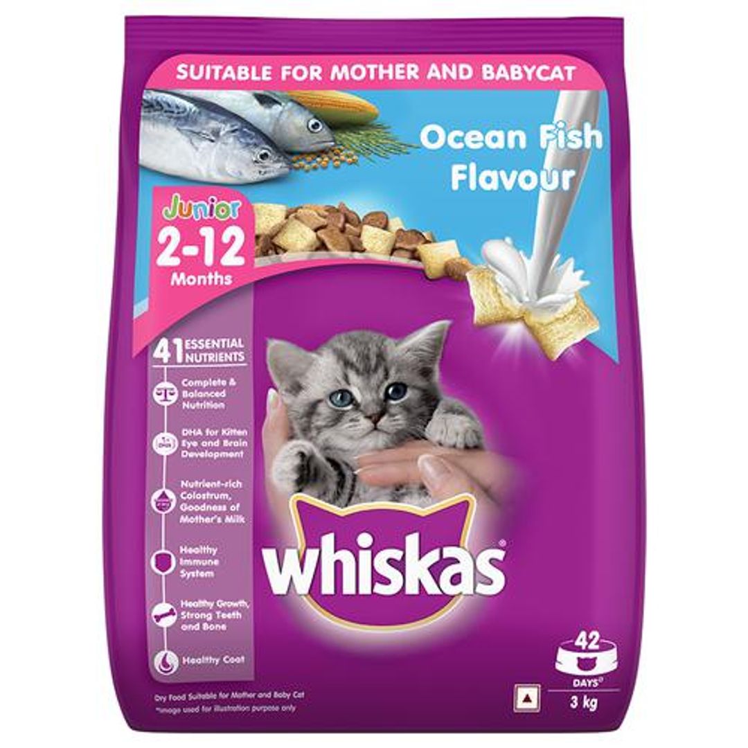 Whiskas Dry Cat Food - 2-12 Months, Ocean Fish Flavour With Milk, 3 kg 