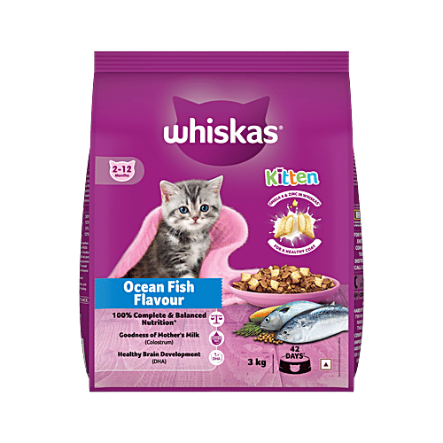 Whiskas Mother Cat & Kitten Dry Food - Ocean Fish Flavour, 2 - 12 Months, 3 kg  Complete & Balanced Nutrition, Goodness Of Mother'S Milk, Healthy Brain Development