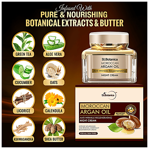 StBotanica Moroccan Argan Oil Anti Wrinkle Regenerating Night Cream - Intense Nourishing & Renewal Overnight Regeneration, 50 g  No Silicone & No Paraben