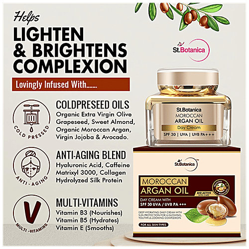 StBotanica Day Cream - Moroccan Argan Oil, with SPF 30 UVA/UVB PA + + +, No Parabens & Mineral Oil, 50 g  No Parabens & Mineral Oil