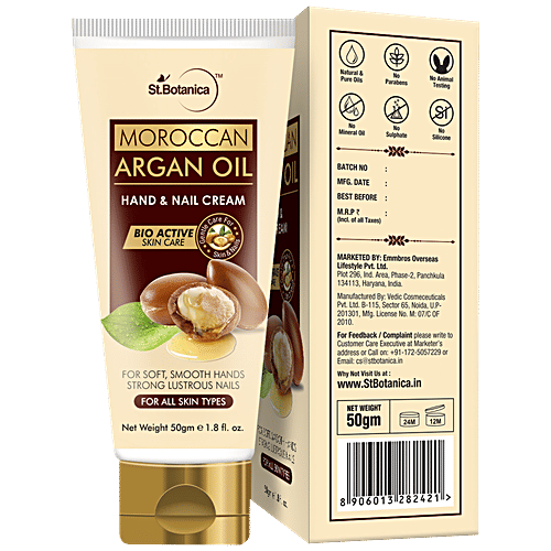 StBotanica Hand & Nail Cream - For All Skin Types, Moroccan Argan Oil, 50 g  For Soft & Smooth Hands