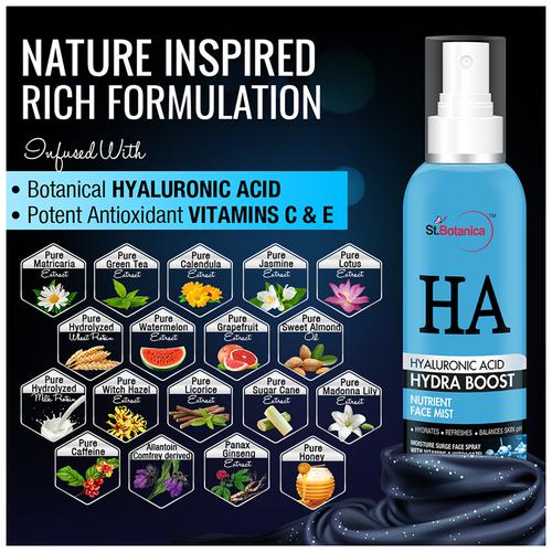 StBotanica Hyaluronic Acid Hydra Boost Nutrient Face Mist - Vitamins & Witch Hazel, Refreshes, Balances Skin pH, No Parabens & Mineral Oil, 120 ml  