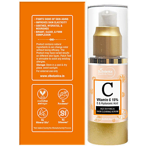 StBotanica Age Defying & Skin Clearing Serum - Vitamin C 15% E & Hyaluronic Acid, For All Skin Types, No Parabens, No Silicones, 30 ml  No Parabens, No Silicones