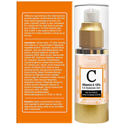 StBotanica Age Defying & Skin Clearing Serum - Vitamin C 15% E & Hyaluronic Acid, For All Skin Types, No Parabens, No Silicones, 30 ml  No Parabens, No Silicones