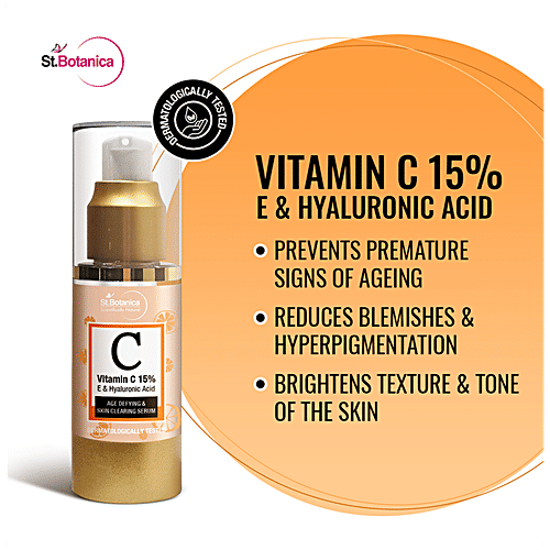 StBotanica Age Defying & Skin Clearing Serum - Vitamin C 15% E & Hyaluronic Acid, For All Skin Types, No Parabens, No Silicones, 30 ml  No Parabens, No Silicones