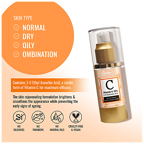 StBotanica Age Defying & Skin Clearing Serum - Vitamin C 15% E & Hyaluronic Acid, For All Skin Types, No Parabens, No Silicones, 30 ml  No Parabens, No Silicones