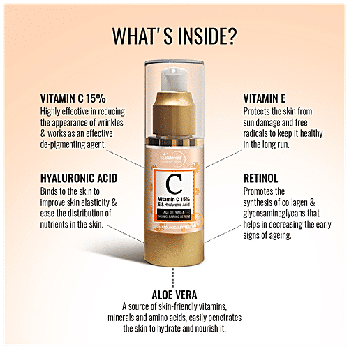 StBotanica Age Defying & Skin Clearing Serum - Vitamin C 15% E & Hyaluronic Acid, For All Skin Types, No Parabens, No Silicones, 30 ml  No Parabens, No Silicones