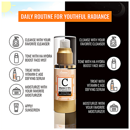 StBotanica Age Defying & Skin Clearing Serum - Vitamin C 15% E & Hyaluronic Acid, For All Skin Types, No Parabens, No Silicones, 30 ml  No Parabens, No Silicones