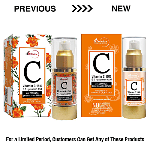 StBotanica Age Defying & Skin Clearing Serum - Vitamin C 15% E & Hyaluronic Acid, For All Skin Types, No Parabens, No Silicones, 30 ml  No Parabens, No Silicones