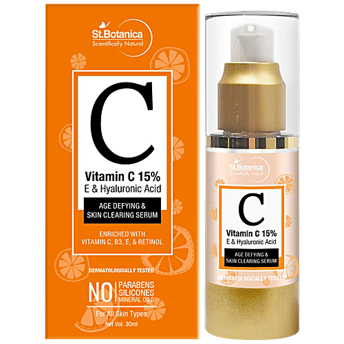StBotanica Age Defying & Skin Clearing Serum - Vitamin C 15% E & Hyaluronic Acid, For All Skin Types, No Parabens, No Silicones, 30 ml  No Parabens, No Silicones
