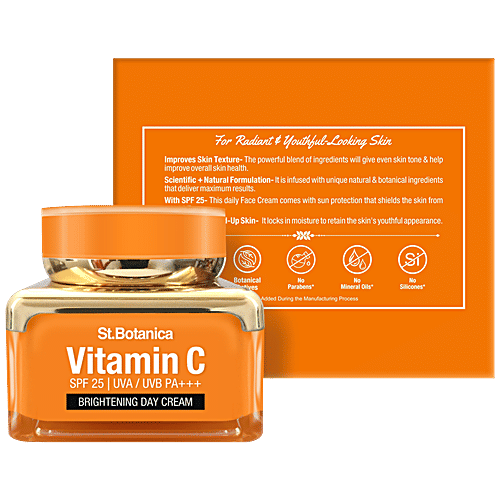 StBotanica Brightening Day Cream - Vitamin C, E & Hyaluronic Acid, SPF 30 UVA/UVB PA + + +, No Parabens, No Silicones, 50 g  No Parabens, No Silicones