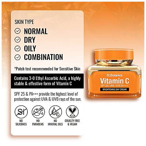 StBotanica Brightening Day Cream - Vitamin C, E & Hyaluronic Acid, SPF 30 UVA/UVB PA + + +, No Parabens, No Silicones, 50 g  No Parabens, No Silicones