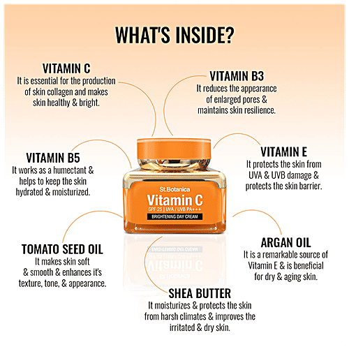 StBotanica Brightening Day Cream - Vitamin C, E & Hyaluronic Acid, SPF 30 UVA/UVB PA + + +, No Parabens, No Silicones, 50 g  No Parabens, No Silicones