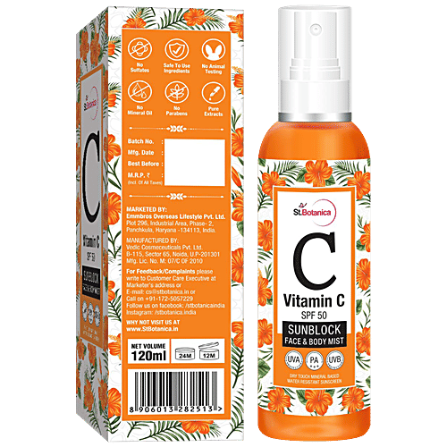 StBotanica Sunblock Face & Body Mist - Vitamin C, SPF 50 UVA/UVB PA + + + , Dry Touch Mineral Based Water Resistant, No Parabens, No Silicones, 120 ml  No Parabens, No Silicones