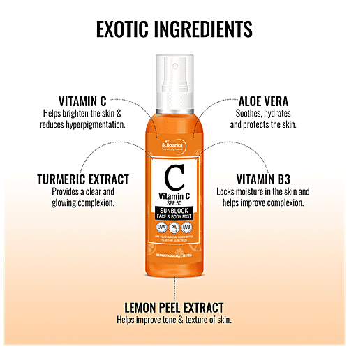 StBotanica Sunblock Face & Body Mist - Vitamin C, SPF 50 UVA/UVB PA + + + , Dry Touch Mineral Based Water Resistant, No Parabens, No Silicones, 120 ml  No Parabens, No Silicones
