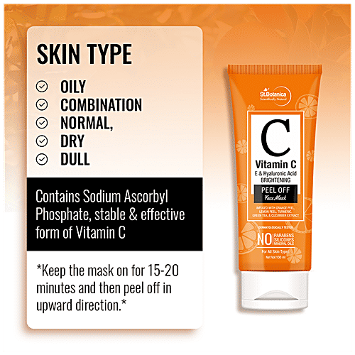 StBotanica Brightening Peel Off Face Mask - Vitamin C, E & Hyaluronic Acid, For All Skin Types, No Parabens, No Silicones, 100 ml  No Parabens, No Silicones