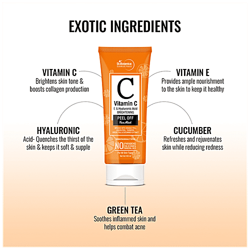StBotanica Brightening Peel Off Face Mask - Vitamin C, E & Hyaluronic Acid, For All Skin Types, No Parabens, No Silicones, 100 ml  No Parabens, No Silicones