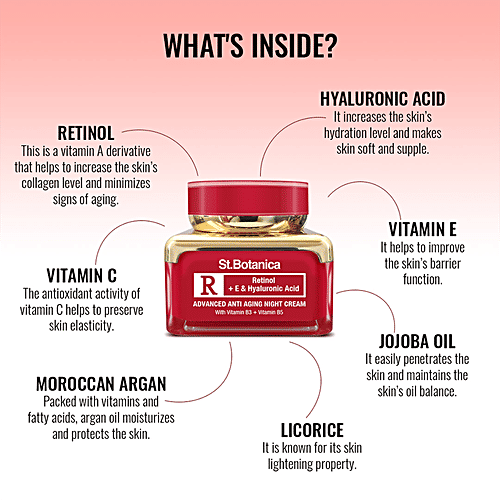 StBotanica Advanced Anti - Aging Night Cream - Retinol + E & Hyaluronic Acid, Ease Fine Lines & Wrinkles, No Parabens, No Silicones, 50 g No Parabens, No Silicones