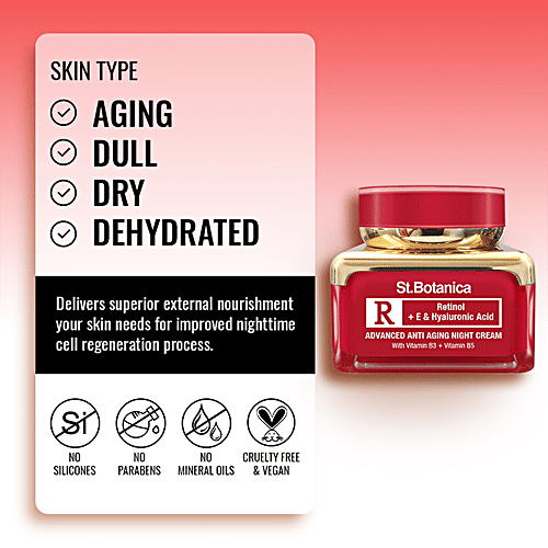 StBotanica Advanced Anti - Aging Night Cream - Retinol + E & Hyaluronic Acid, Ease Fine Lines & Wrinkles, No Parabens, No Silicones, 50 g No Parabens, No Silicones