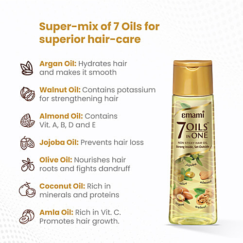Emami 7 Oils In One Light, Non-Sticky & Non-Greasy Hair Oil, 20 Times Stronger Hair, Nourishes Scalp, 300 ml  With Goodness of Almond Oil, Coconut Oil, Argan Oil & Amla Oil