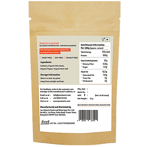 Jus Amazin Roasted Cashews Coated With Organic Chia Seeds, 22 g  High Protein, Source of Omega3