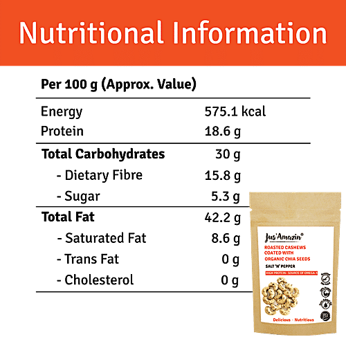 Jus Amazin Roasted Cashews Coated With Organic Chia Seeds, 22 g  High Protein, Source of Omega3