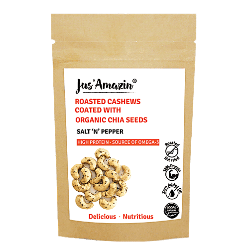 Jus Amazin Roasted Cashews Coated With Organic Chia Seeds, 22 g  High Protein, Source of Omega3