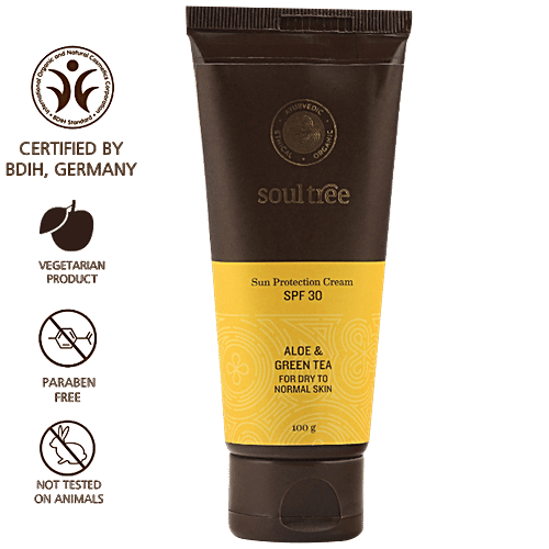Soultree Ayurvedic Sun Protection Cream SPF 30 - Aloe & Green Tea, For Dry to Normal Skin, Paraben Free, 100 g Paraben Free