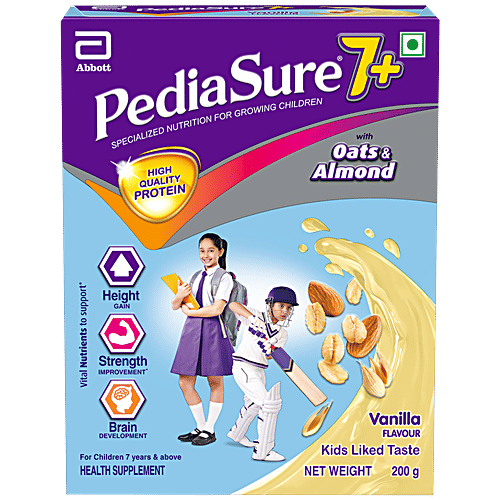 Pediasure 7+ Specialized Nutrition Drink Powder - For Growing Children, Vanilla Flavour, 200 g Box Scientifically Designed Nutrition For Kids, Supports Height Gain, Muscle Strength & Brain Development, With Oats & Almond