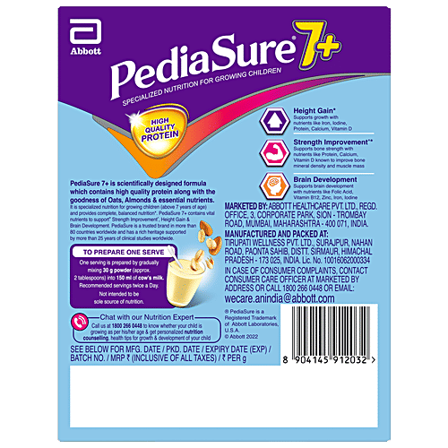Pediasure 7+ Specialized Nutrition Drink Powder - For Growing Children, Vanilla Flavour, 200 g Box Scientifically Designed Nutrition For Kids, Supports Height Gain, Muscle Strength & Brain Development, With Oats & Almond