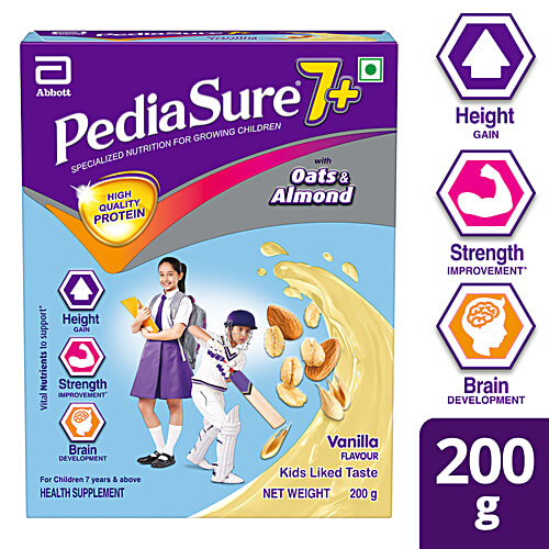 Pediasure 7+ Specialized Nutrition Drink Powder - For Growing Children, Vanilla Flavour, 200 g Box Scientifically Designed Nutrition For Kids, Supports Height Gain, Muscle Strength & Brain Development, With Oats & Almond