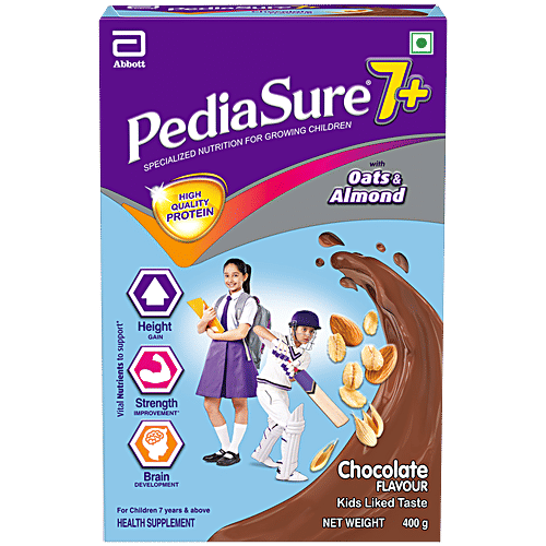 Pediasure 7+ Chocolate Flavour Nutrition Drink Powder With Oats & Almond For Children, 400 g Height Gain, Strength Improvement, Brain Development