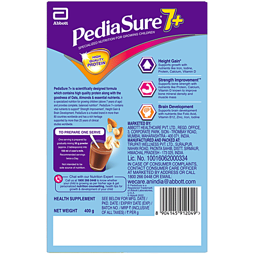 Pediasure 7+ Chocolate Flavour Nutrition Drink Powder With Oats & Almond For Children, 400 g Height Gain, Strength Improvement, Brain Development
