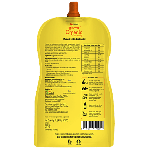 BB Royal Organic Cold Pressed Kachi Ghani Mustard Cooking Oil, 1 L Spout Pack 