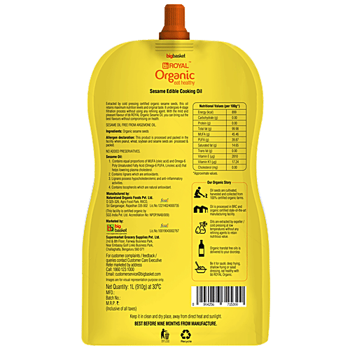 BB Royal Organic Cold Pressed Sesame Cooking Oil, 1 L Spout Pack 