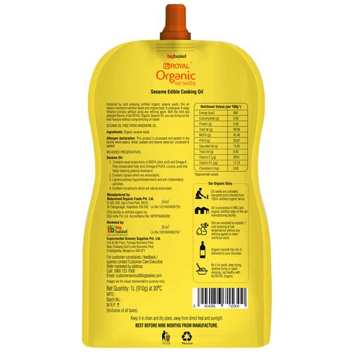 BB Royal Organic Gingelly/Sesame Cooking Oil, 1 L Spout Pack Natural Vitamin-E & Antioxidants