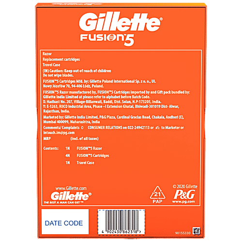 Gillette Fusion Gift Pack With Travel Case, 129 g  5 Blades, Lubricating Strip