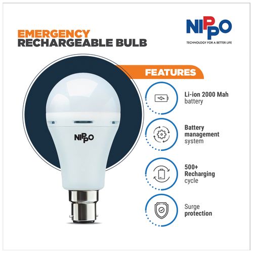 Nippo Rechargeable Emergency Inverter Bulb - 9W, Cool Daylight, B22, 1 pc  