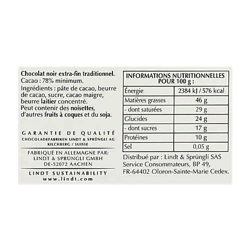 Lindt 78% Cacao Smooth Dark, 100 g  