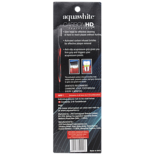 Aquawhite Carbon HD Toothbrush - Carbon Infused Bristles, 3 pcs Value Pack 