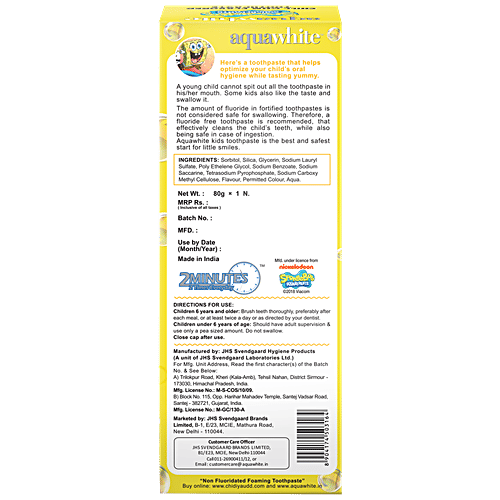 Aquawhite SpongeBob SquarePants Toothpaste For Kids - Fluoride-Free, Chill Gum Flavour, 80 g
