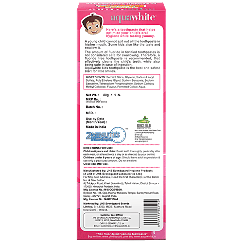 Aquawhite Chhota Bheem Toothpaste For Kids - Fluoride-Free, Dubble Bubble Flavour, 80 g  